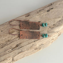Load image into Gallery viewer, Copper textured rectangle dangle earrings with aqua teal Czech glass beads - rustic earrings
