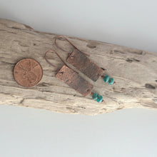 Load image into Gallery viewer, Copper textured rectangle dangle earrings with aqua teal Czech glass beads - rustic earrings
