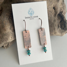 Load image into Gallery viewer, Copper textured rectangle dangle earrings with aqua teal Czech glass beads - rustic earrings
