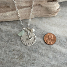 Load image into Gallery viewer, refuse to sink, Sterling silver, Hand Stamped, nautical anchor necklace with pearl, Beach Jewelry, genuine sea glass, hope, inspirational
