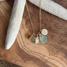 Load image into Gallery viewer, 14k Gold filled Sand dollar Charm Necklace - genuine Sea Glass &amp; Initial Charm - Wedding Bridesmaid Gift  Swarovski Birthstone, gift for her
