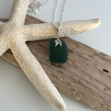 Load image into Gallery viewer, Sterling silver genuine sea glass necklace with mermaid whale tail bail, deep teal emerald
