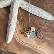 Load image into Gallery viewer, 14k Gold filled Sand dollar Charm Necklace - genuine Sea Glass &amp; Initial Charm - Wedding Bridesmaid Gift  Swarovski Birthstone, gift for her
