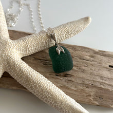 Load image into Gallery viewer, Sterling silver genuine sea glass necklace with mermaid whale tail bail, deep teal emerald
