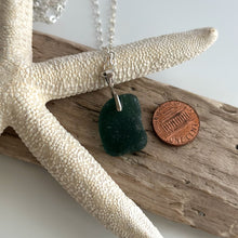 Load image into Gallery viewer, Sterling silver genuine sea glass necklace with mermaid whale tail bail, deep teal emerald
