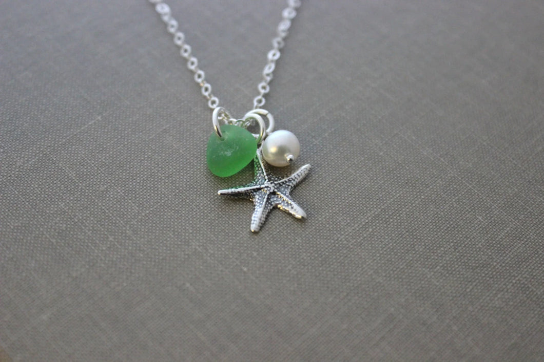 Starfish Necklace with Genuine Sea Glass and Freshwater pearl, beach gift for her, sterling silver - Seastar beach Jewelry - seaglass