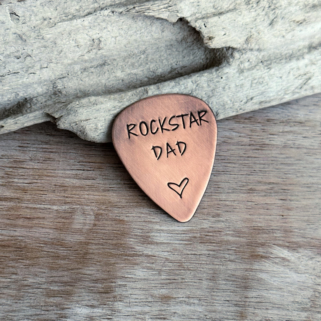 Rockstar dad , Rustic Guitar Pick, Hand Stamped Copper Guitar Pick, Playable, Father's Day Gift 24 gauge, Gift for Boyfriend, Dad, Husband