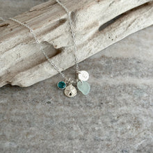 Load image into Gallery viewer, Personalized Charm Necklace with Sterling Silver Sand Dollar genuine Sea Glass and Initial Charm Crystal Birthstone, Bridesmaid gift
