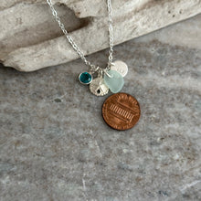 Load image into Gallery viewer, Personalized Charm Necklace with Sterling Silver Sand Dollar genuine Sea Glass and Initial Charm Crystal Birthstone, Bridesmaid gift
