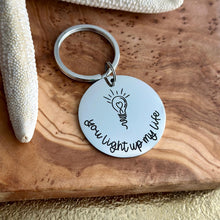 Load image into Gallery viewer, you light up my life keychain - stainless steel engraved Key Chain - lightbulb keychain, gift for electrician
