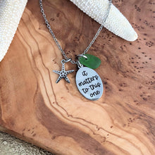 Load image into Gallery viewer, Starfish necklace - it matters to this one quote necklace - Teacher gift idea from student gold or silver stainless steel with sea glass
