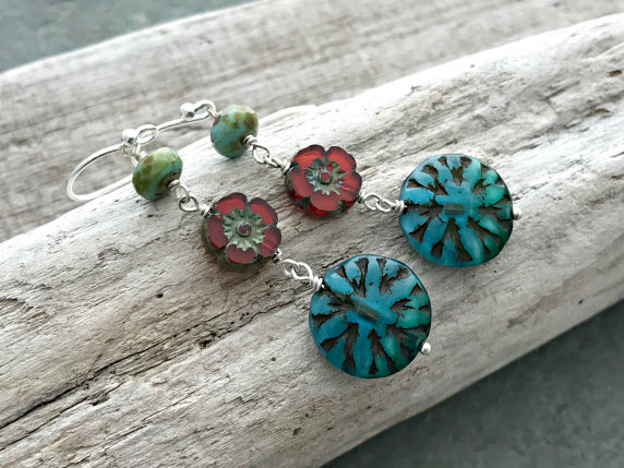 Multi Colored Czech Glass Earrings - Green. Red and Blue summer long dangle earrings - sterling silver