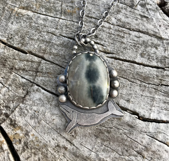 Sterling silver gray whale necklace - with Ocean jasper gemstone - Rustic antiqued