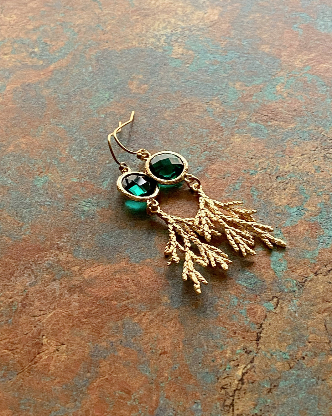 Cypress Leaf Earrings - Gold and Emerald Green  glass long dangle earrings