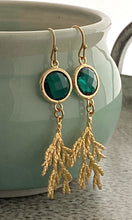 Load image into Gallery viewer, Cypress Leaf Earrings - Gold and Emerald Green  glass long dangle earrings
