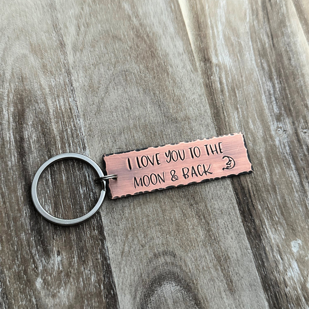 I love you to the moon and back - copper rustic bar keychain