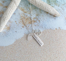 Load image into Gallery viewer, make waves necklace - Personalized Choice of Color - Sterling Silver wave charm - Genuine SeaGlass Hand Stamped rectangle bar Beach jewelry
