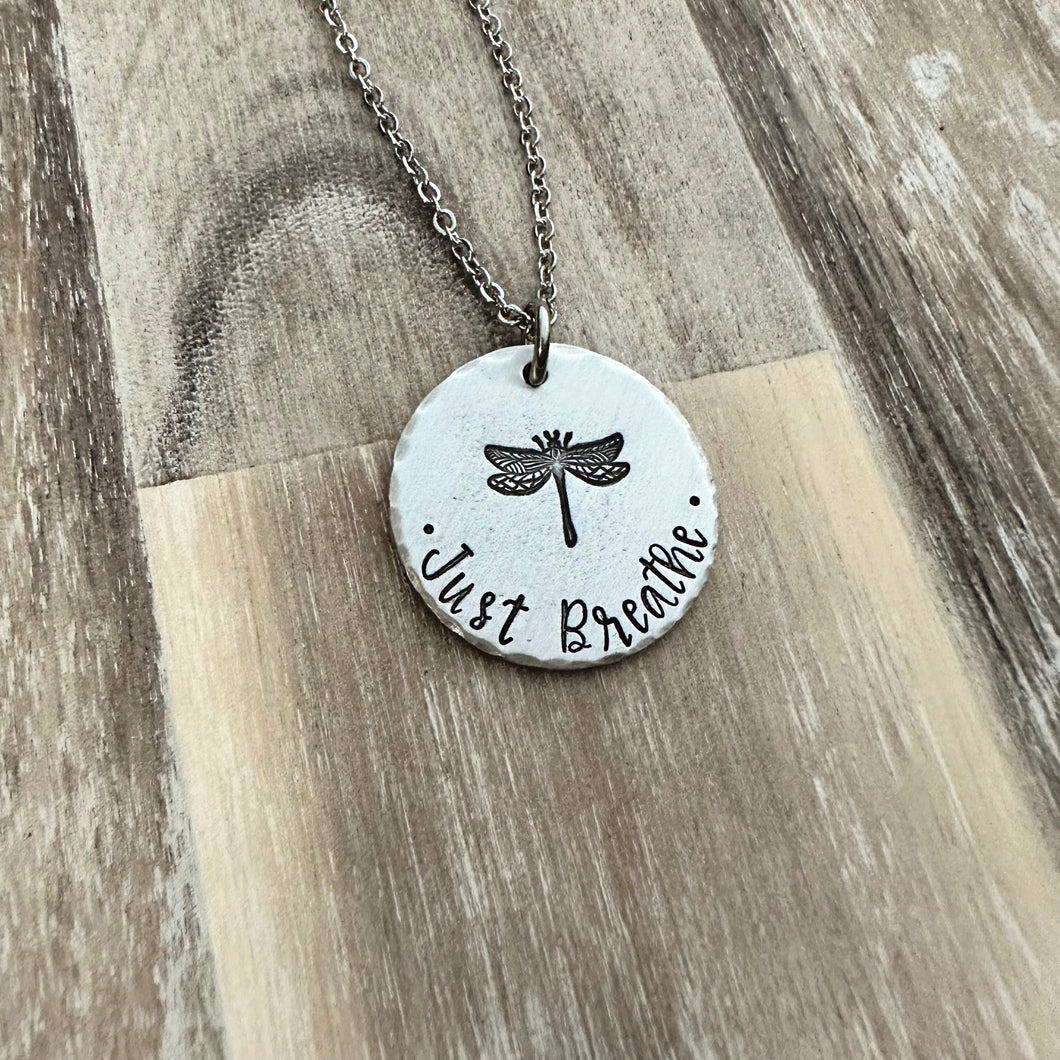 Just Breathe - Dragonfly necklace with quote - Stainless steel and pewter