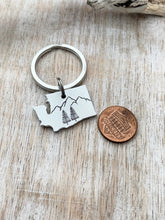 Load image into Gallery viewer, Mountain and Trees Washington State Keychain - Silver tone Aluminum WA with stainless steel keyring - PNW
