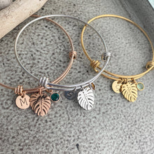 Load image into Gallery viewer, Monstera leaf charm bracelet - silver, rose or gold stainless steel adjustable wire bangle - crystal birthstone and personalized initial disc
