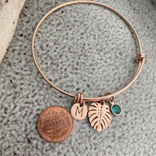 Load image into Gallery viewer, Monstera leaf charm bracelet - silver, rose or gold stainless steel adjustable wire bangle - crystal birthstone and personalized initial disc
