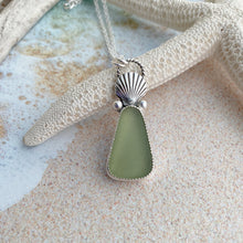 Load image into Gallery viewer, Spring green sea glass and scallop shell sterling silver necklace

