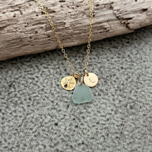 Load image into Gallery viewer, Charm Necklace with 14k Gold Filled Sand Dollar necklace Genuine Sea Glass and Initial Charm, personalized jewelry, Birthday gift for her
