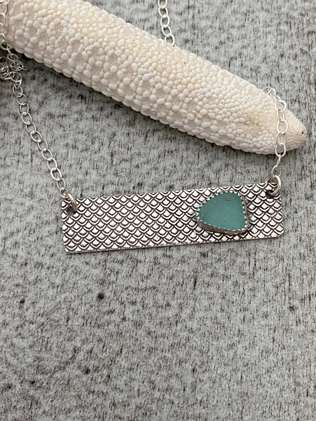 Mermaid scale bar necklace with teal sea glass
