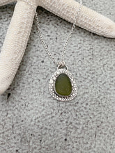 Load image into Gallery viewer, Olive Green sea glass necklace - sterling silver with bubble textured background
