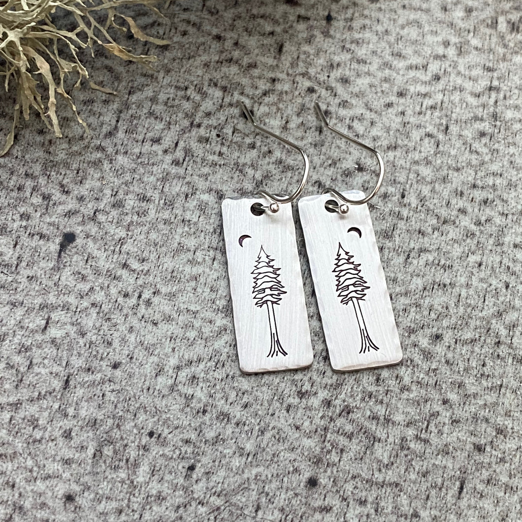Redwood Tree Earrings - silver tone bar dangle earrings