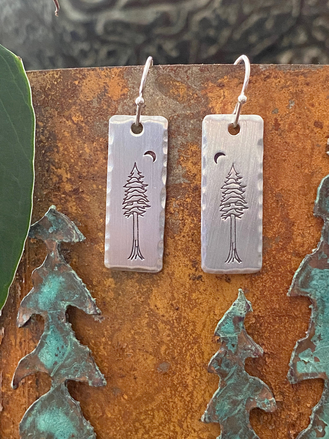 Redwood Tree Earrings - silver tone bar dangle earrings