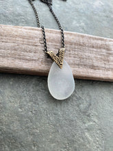 Load image into Gallery viewer, White Sea Glass necklace with Brass Triangle Bail and antiqued brass chain - Modern geometric jewelry
