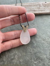 Load image into Gallery viewer, White Sea Glass necklace with Brass Triangle Bail and antiqued brass chain - Modern geometric jewelry
