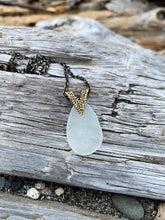 Load image into Gallery viewer, White Sea Glass necklace with Brass Triangle Bail and antiqued brass chain - Modern geometric jewelry
