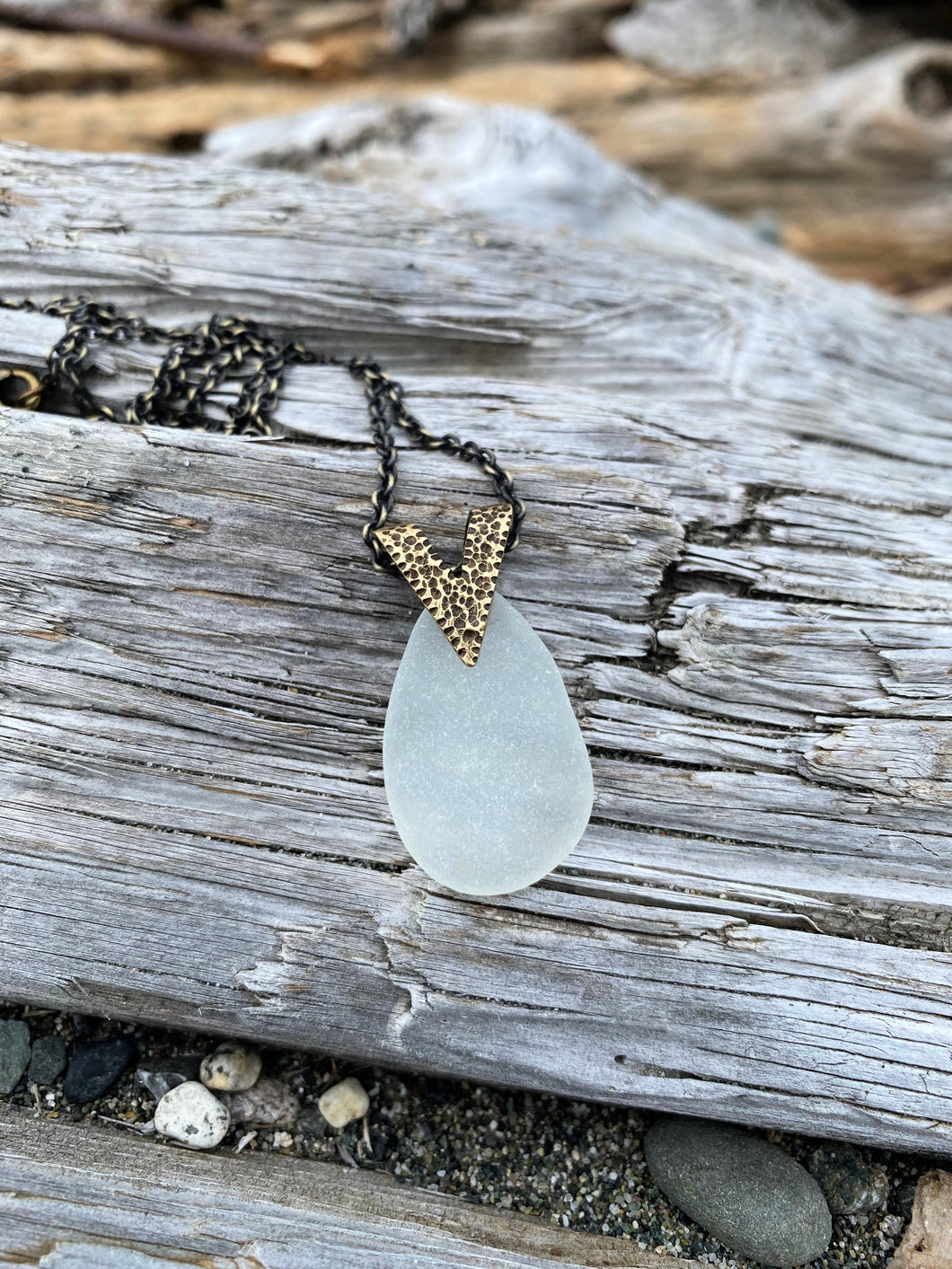 White Sea Glass necklace with Brass Triangle Bail and antiqued brass chain - Modern geometric jewelry