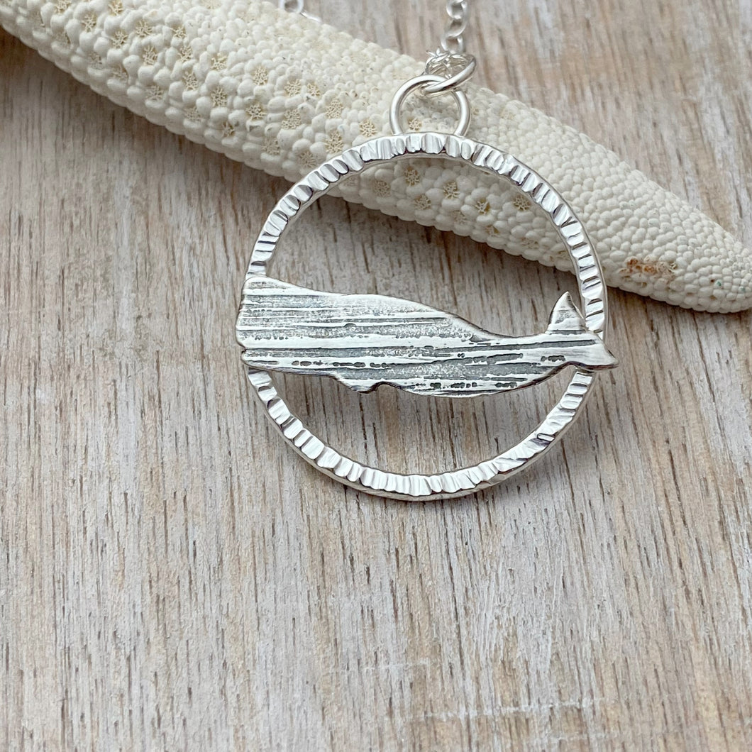Whale necklace with modern textured circle necklace - fine silver with sterling silver chain - beach jewelry