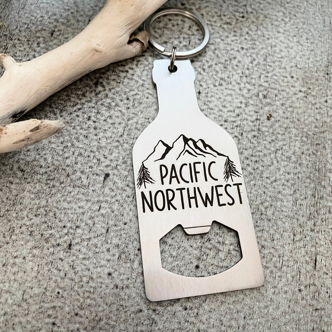 Pacific Northwest - stainless steel bottle opener keychain - Mountains and Trees Theme