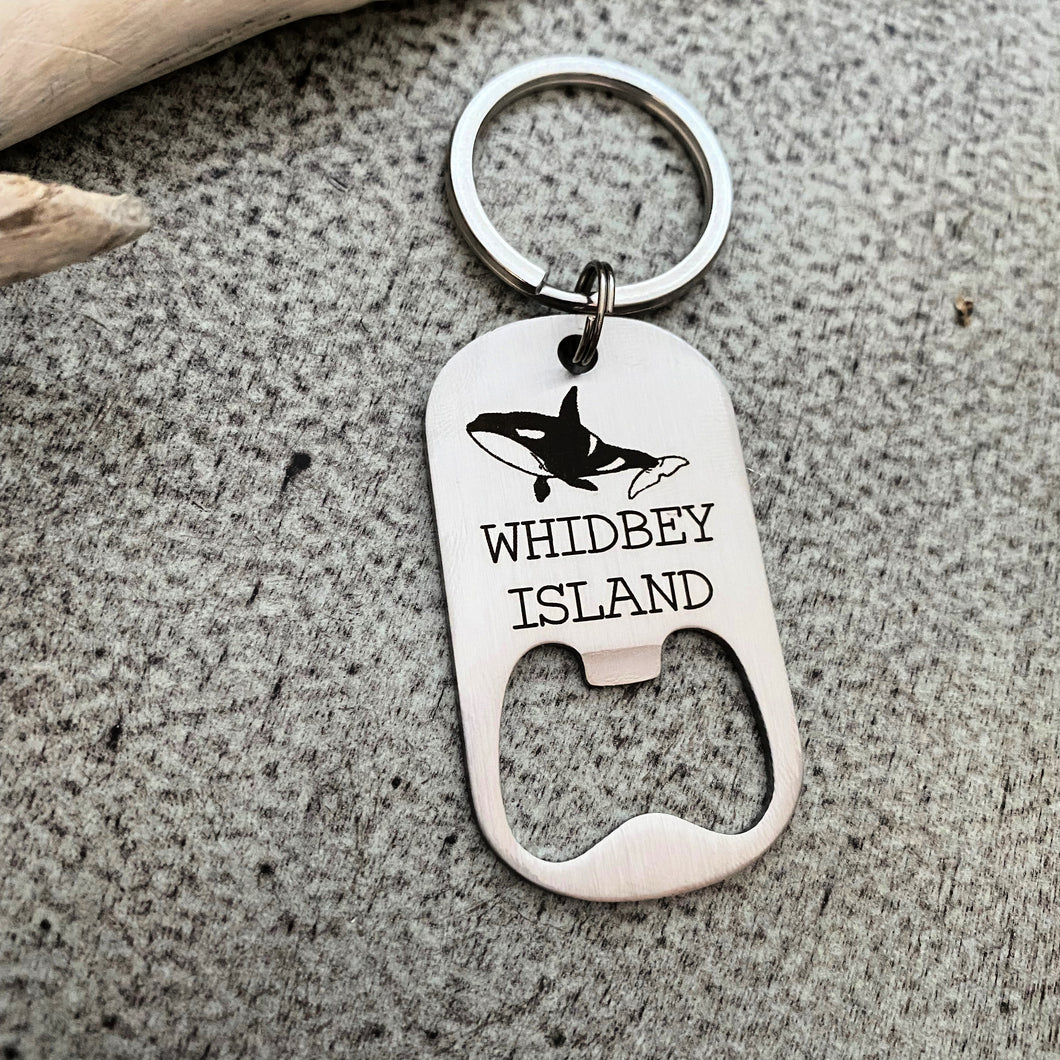 Whidbey Island Orca Whale keychain - stainless steel bottle opener keychain - laser engraved