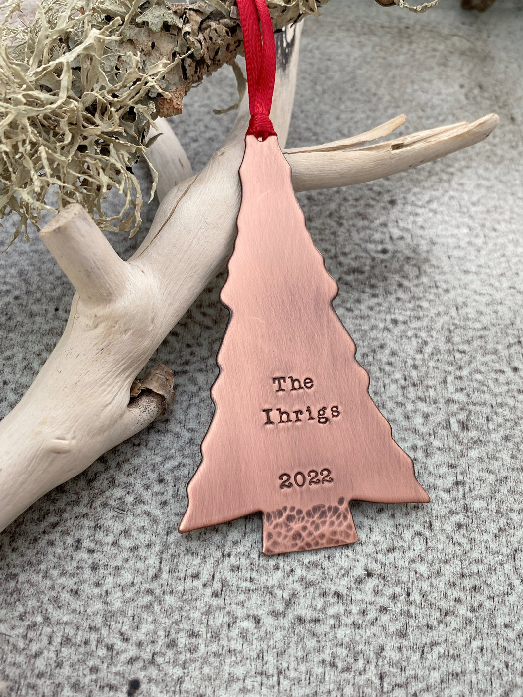 Rustic copper personalized skinny Christmas tree ornament