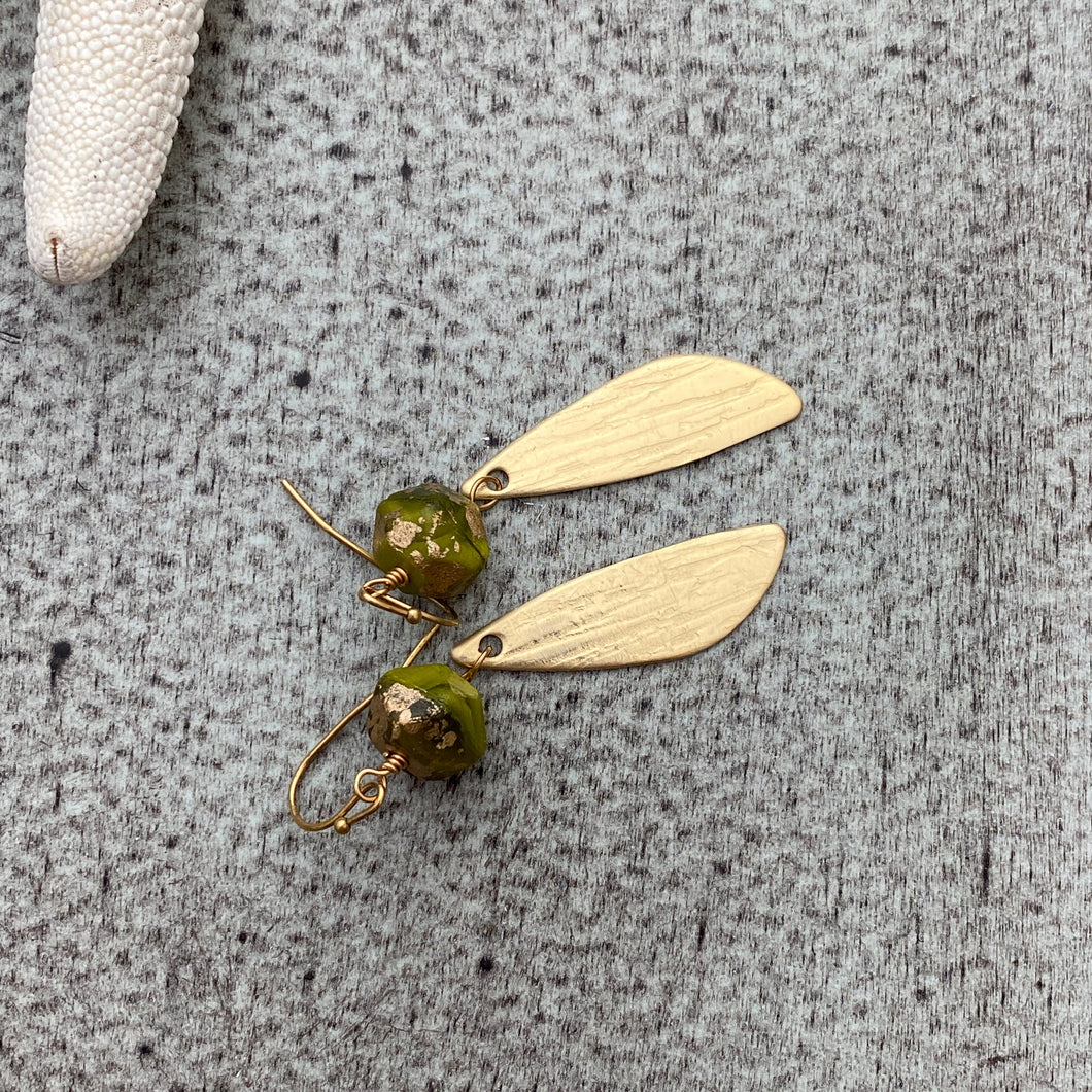 Green and gold Czech glass earrings with bronze textured wings - dangle earrings