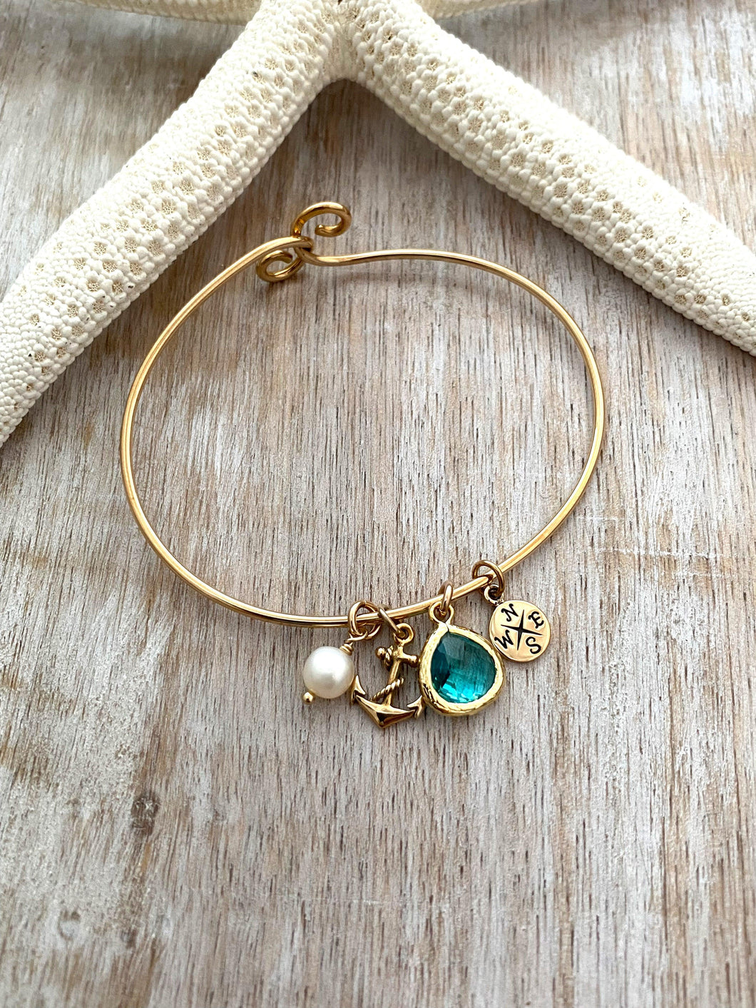 Beach charm bracelet - gold tone bronze hook loop bracelet with anchor and compass charm, teal glass charm and pearl, nautical jewelry - Beach Cove Jewelry