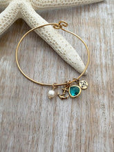 Load image into Gallery viewer, Beach charm bracelet - gold tone bronze hook loop bracelet with anchor and compass charm, teal glass charm and pearl, nautical jewelry - Beach Cove Jewelry
