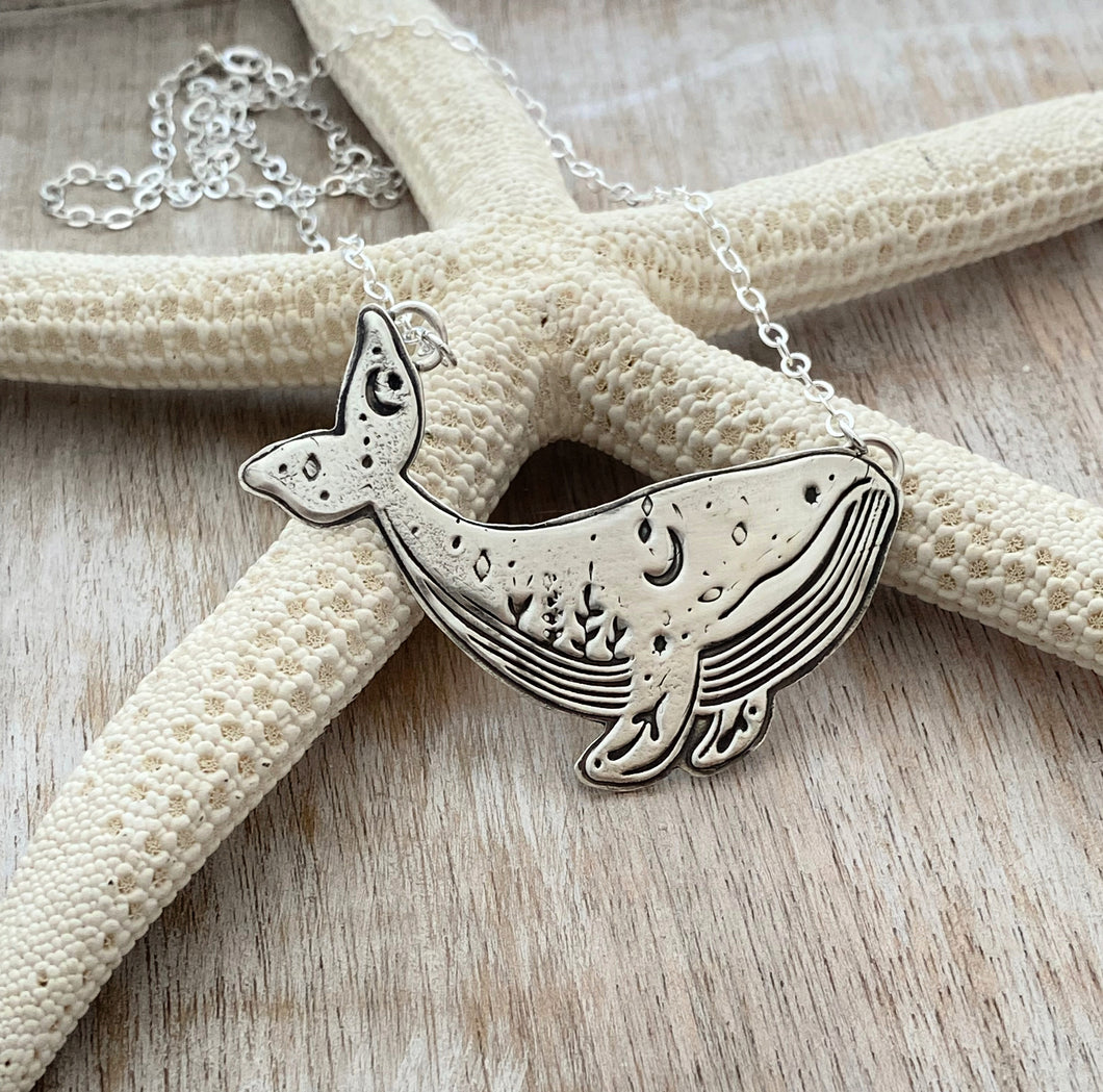 Sterling silver Humpback whale necklace - Celestial whale jewelry - Ocean mammal necklace
