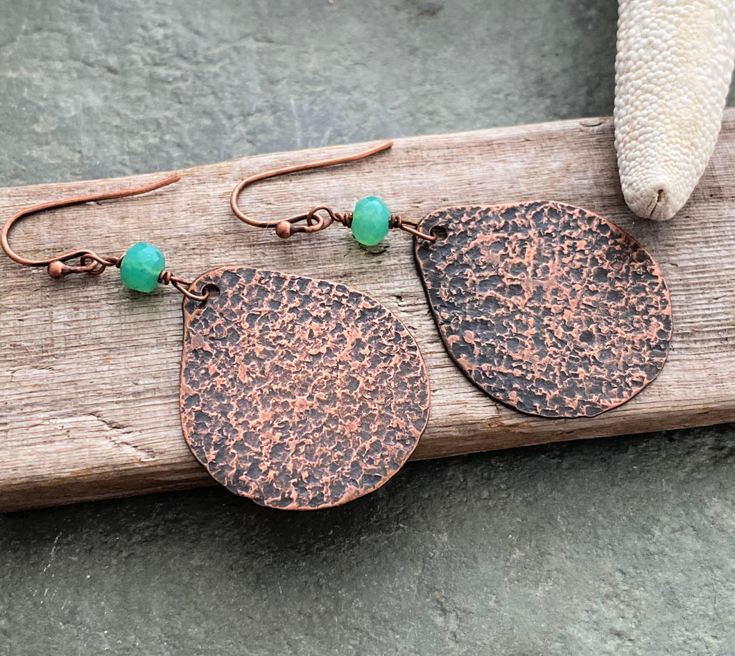 Rustic copper textured teardrop earrings with genuine Chrysophrase gemstones - green stone earrings