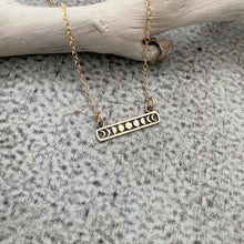 Load image into Gallery viewer, Bronze moon phase bar necklace with 14k gold filled cable chain
