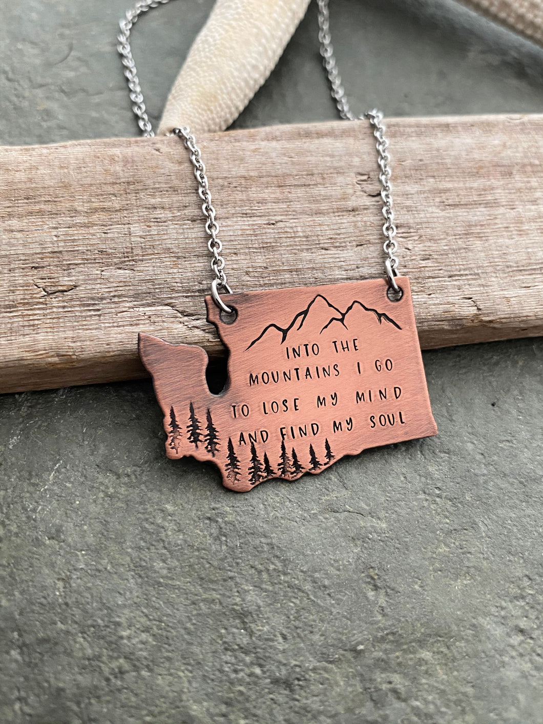 Into the mountains I go to lose my mind and find my soul - Washington State Necklace - Mountains and Trees with Quote