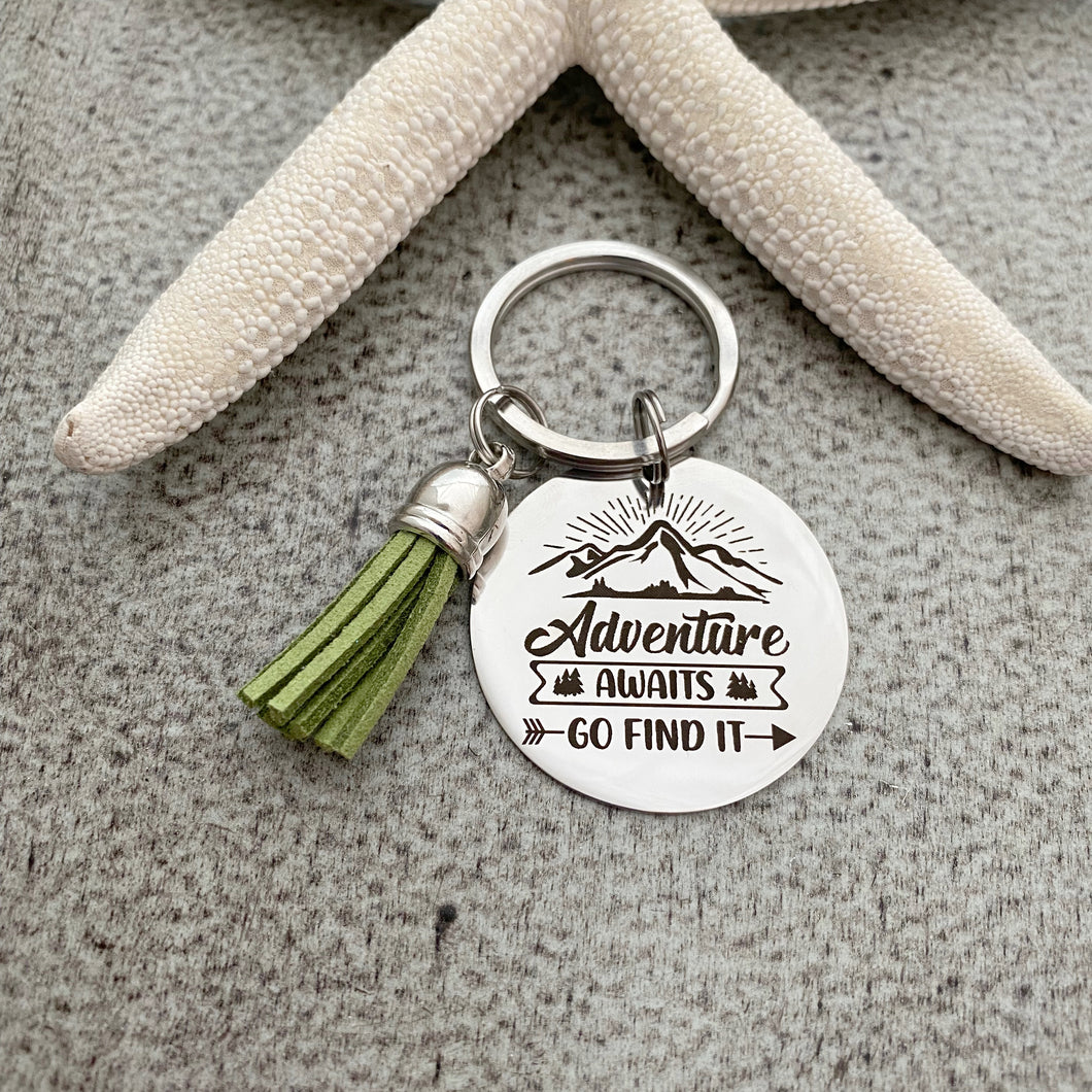 Adventure Awaits Go find it keychain - Mountain design stainless steel engraved key ring