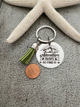 Load image into Gallery viewer, Adventure Awaits Go find it keychain - Mountain design stainless steel engraved key ring
