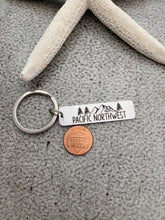 Load image into Gallery viewer, Pacific Northwest Keychain - Stainless steel engraved Bar Key Chain - PNW Trees and Mountains
