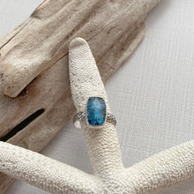 Load image into Gallery viewer, Kyanite gemstone ring with mermaid scale band - sterling silver - size 8
